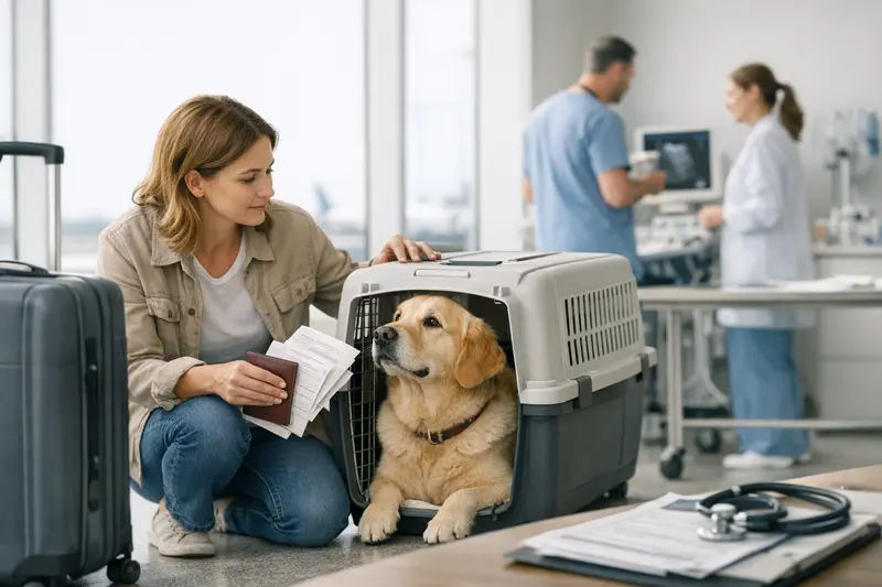 Hundetransportbox für Reisen Ein Hund, der in einer Transportbox für eine Reise vorbereitet wird.
