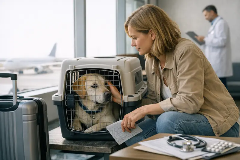 Hundetransport im Flugzeug Hund in einer Transportbox auf Reisen, bereit für den Flug mit Besitzer.