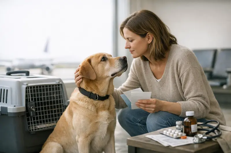 Hund in Transportbox Ein Hund sitzt in einer Transportbox während einer Reise, was die Bedeutung der Selbstbeteiligung bei Tierarztkosten verdeutlicht.