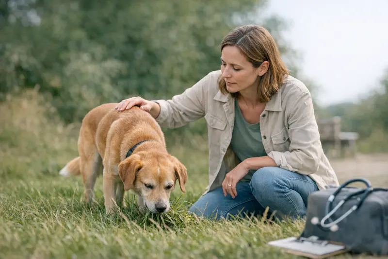 Ein Hund frisst Gras im Garten, was nicht immer ein Zeichen für Übelkeit sein muss.