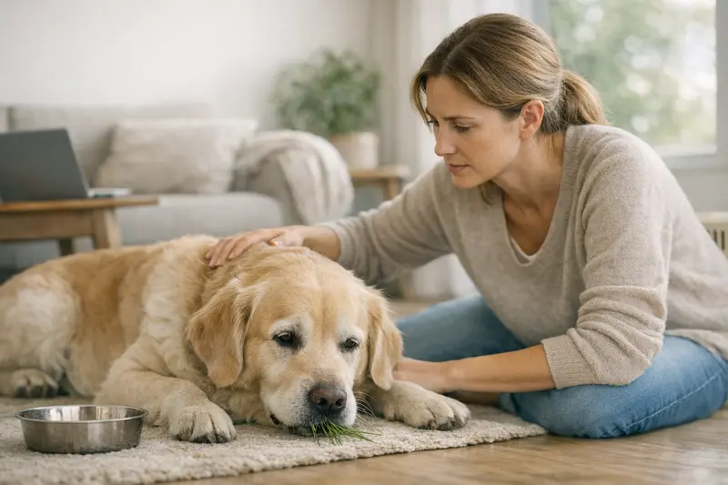 Hund mit Erbrechen – Tierarztbesuch Ein Hund, der erbricht, dabei sitzt ein besorgter Halter daneben, der über den Besuch beim Tierarzt nachdenkt.