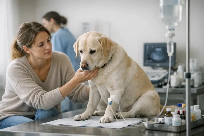 Tierarztbesuch bei Magen-Darm-Problemen Ein Hund beim Tierarzt, der auf Magen-Darm-Probleme untersucht wird.