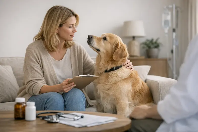 Eine Hundebesitzerin vergleicht Tierarztkosten und Versicherungstarife auf ihrem Laptop.