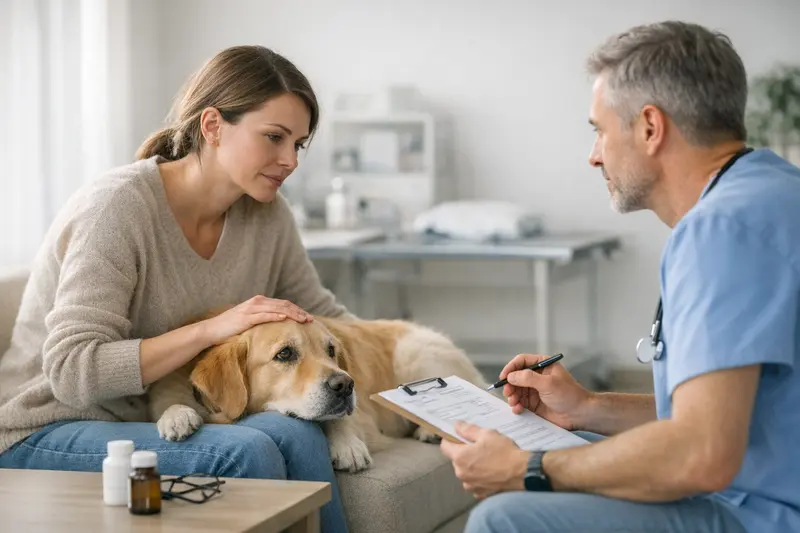 Hund beim Tierarzt Hund beim Tierarzt, der Gesundheitszustand und mögliche Vorerkrankungen besprochen werden.