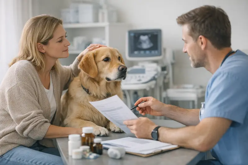 Hund beim Tierarzt Lustiger Hund beim Tierarzt, der sich um seine Gesundheit kümmern lässt.