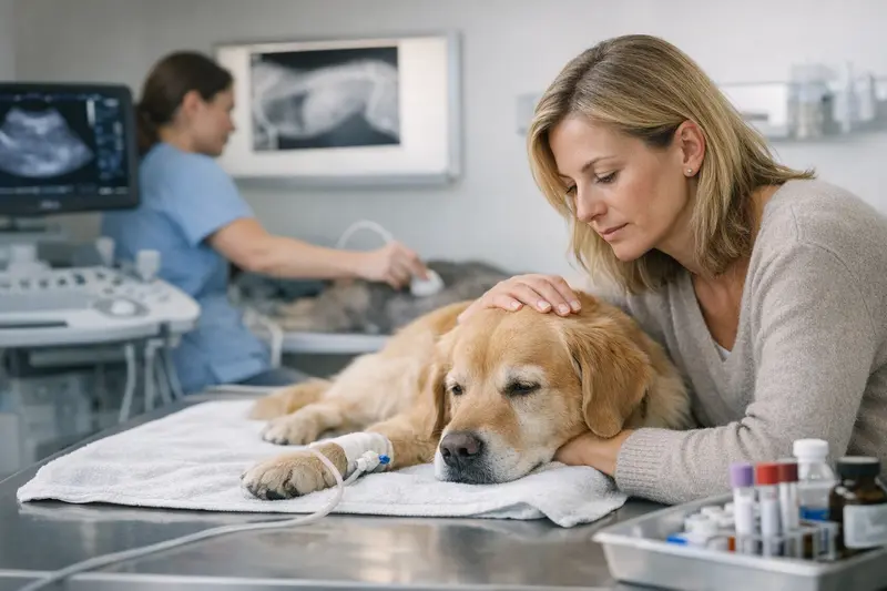 Tierarztbesuch Hund nicht frisst Tierarzt untersucht einen Hund, der nicht frisst, um die Ursache der Antriebslosigkeit zu ermitteln.