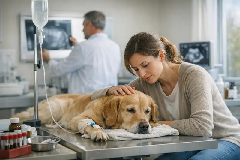 Tierarztkosten bei fressunwilligen Hunden Tierarztuntersuchung eines Hundes, der nicht frisst, inklusive Laboranalysen und Bildgebung.