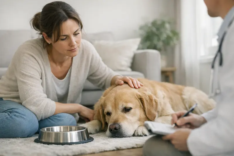 Hund frisst nicht - tierärztliche Untersuchung Ein besorgter Hundebesitzer beobachtet seinen Hund, der nicht frisst, während er auf eine tierärztliche Beratung wartet.