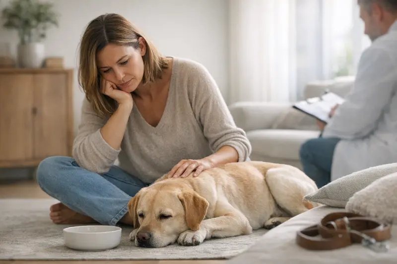 Hund frisst nicht - Gesundheit prüfen Ein besorgter Hundebesitzer sitzt neben seinem Hund, der nicht frisst, was Fragen zur Gesundheit aufwirft.