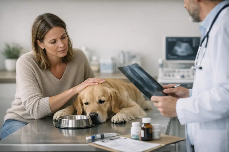 Tierarztuntersuchung bei Appetitlosigkeit des Hundes Ein Hund, der beim Tierarzt untersucht wird, um die Ursache für seine Appetitlosigkeit herauszufinden.