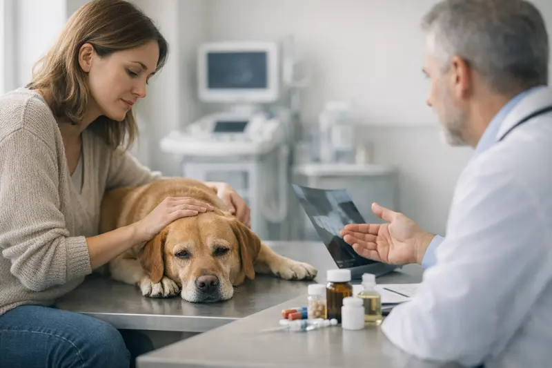Tierarztbesuch wegen Appetitlosigkeit Tierarzt untersucht Hund mit Appetitlosigkeit und bespricht mögliche Diagnostik und behandelt
