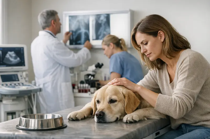 Hund beim Tierarzt zur Diagnostik Ein Hund beim Tierarzt, der untersucht wird, weil er nicht frisst.