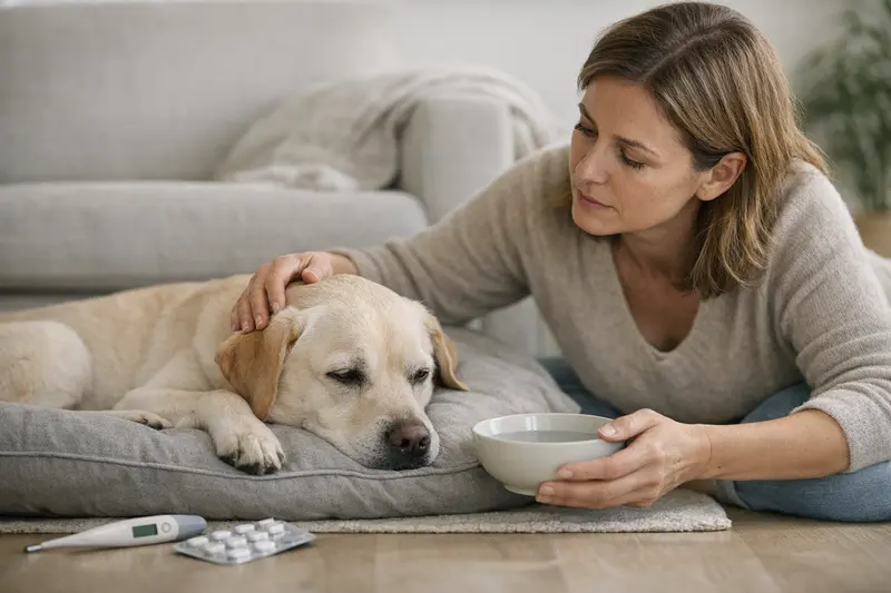 Alarmzeichen bei Appetitlosigkeit von Hunden Ein erschöpfter Hund zeigt Anzeichen von Appetitlosigkeit, ein wichtiges Signal für die Gesundheit.