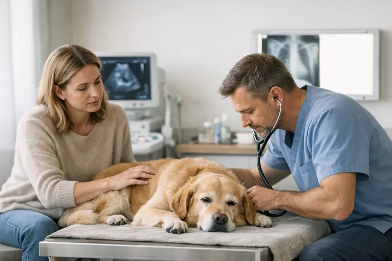 Tierarztbesuch Hund Gesundheitscheck Ein Hund beim Tierarzt, der auf mögliche Erkrankungen untersucht wird.