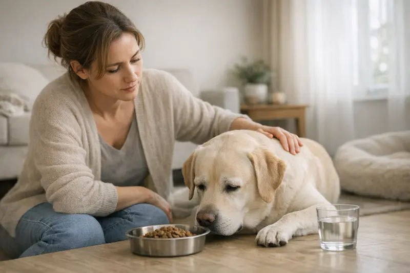 Hund frisst nicht – was tun? Ein gesund aussehender Hund sitzt neben seinem Wassernapf und zeigt Anzeichen von Überlegung beim Fressen.