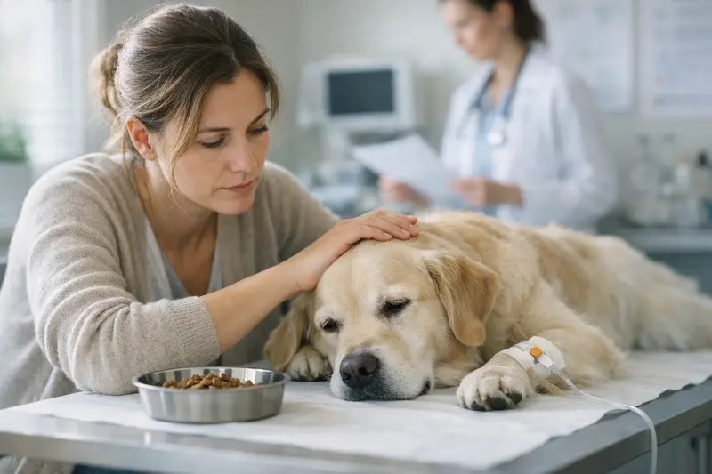 Hund beim Tierarzt - Gesundheitscheck Ein Hund beim Tierarzt, der nicht frisst, was auf gesundheitliche Probleme hinweist.