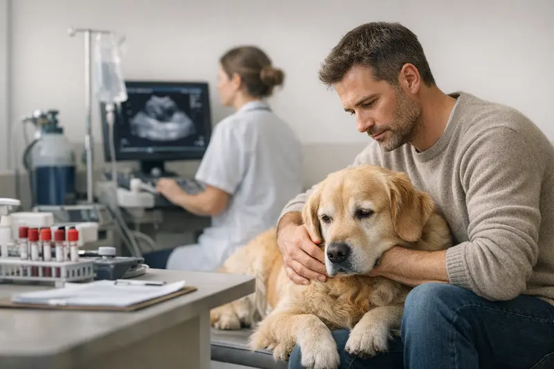 Ein Hund mit Appetitlosigkeit sitzt besorgt vor seinem Futternapf