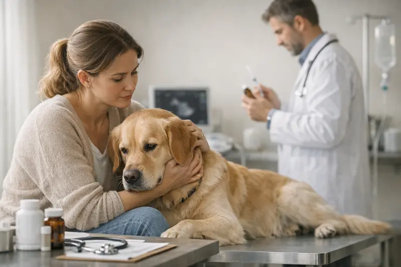Tierärztliche Untersuchung bei Magen-Darm-Beschwerden Ein Hund wird tierärztlich untersucht, um Magen-Darm-Beschwerden zu diagnostizieren.