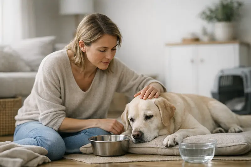 Hund verweigert Futter Ein Hund liegt ruhig im Ruhebereich, während sein Besitzer besorgt auf ihn schaut, aufgrund von Futterverweigerung.