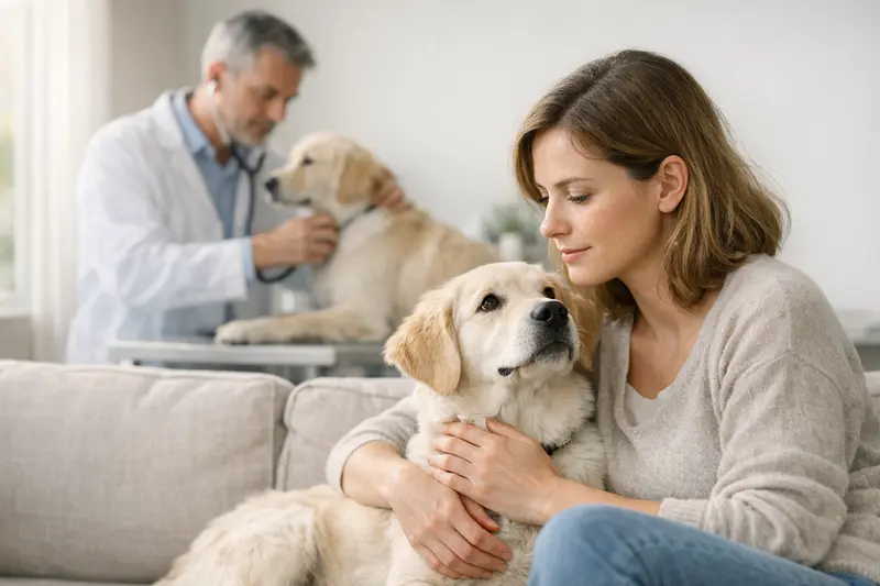 Tierarztuntersuchung für Hunde lieben Gesundes Hundebaby wird von einer Tierärztin untersucht, um Tierarztkosten und Gesundheitsabsicherung zu besprechen.