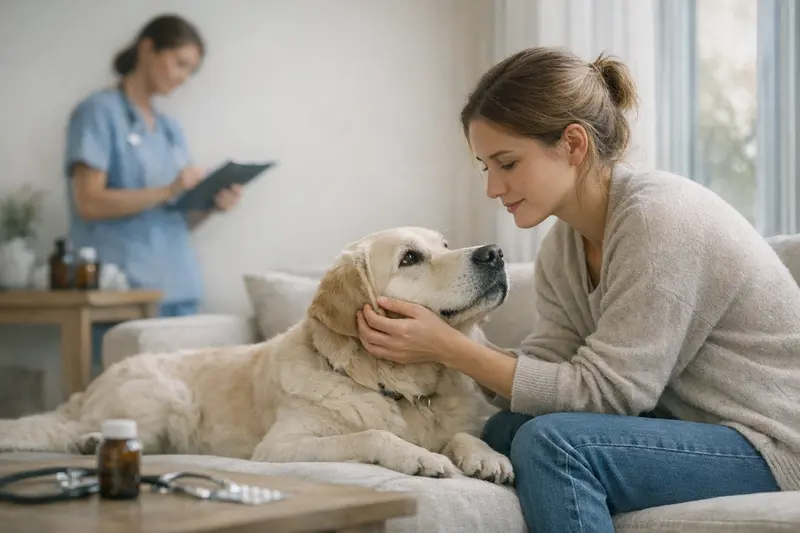 Tierarztbesuch Hund Eine glückliche Hundebesitzerin mit ihrem gesunden Hund beim Tierarzt