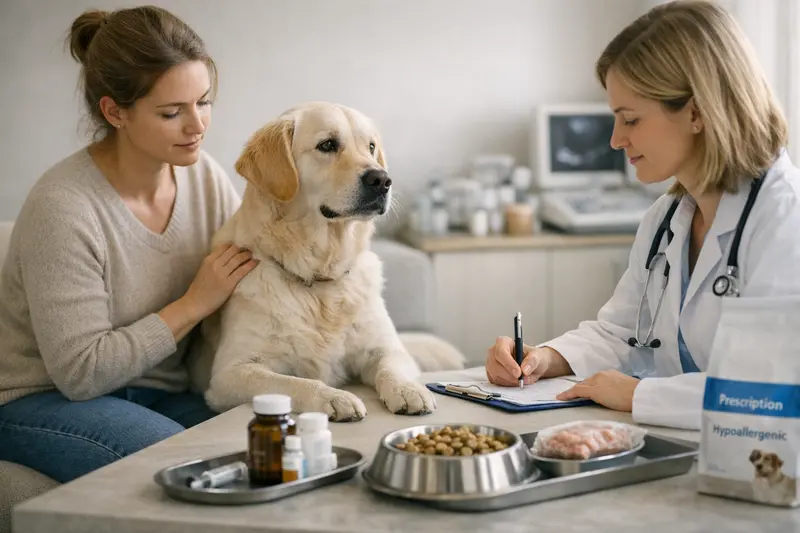 Tierarztkosten bei Allergieverdacht Tierarztbesuch mit Hund zur Abklärung von Allergien und Unverträglichkeiten.