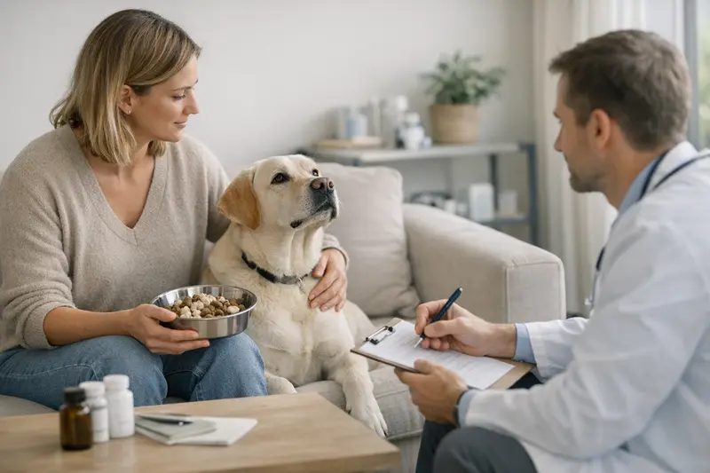 Ausschlussdiät bei Hunden Ein Hund wird während einer Ausschlussdiät gefüttert, um Allergien zu testen.