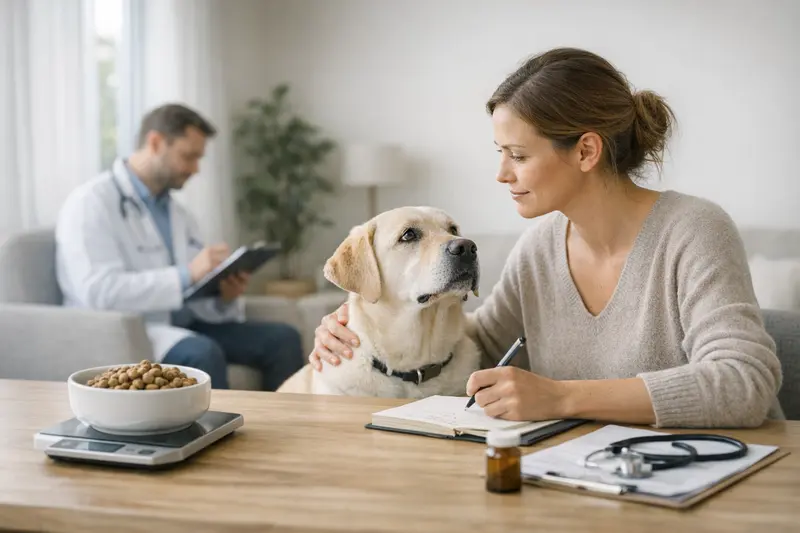 Ausschlussdiät Hund Ein Hund wird während einer Ausschlussdiät mit spezialisiertem Futter gefüttert.