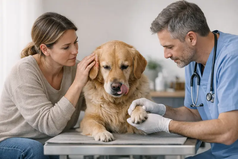 Futterunverträglichkeit beim Hund erkennen Ein Hund wird von seinem Besitzer auf Futterunverträglichkeit untersucht.