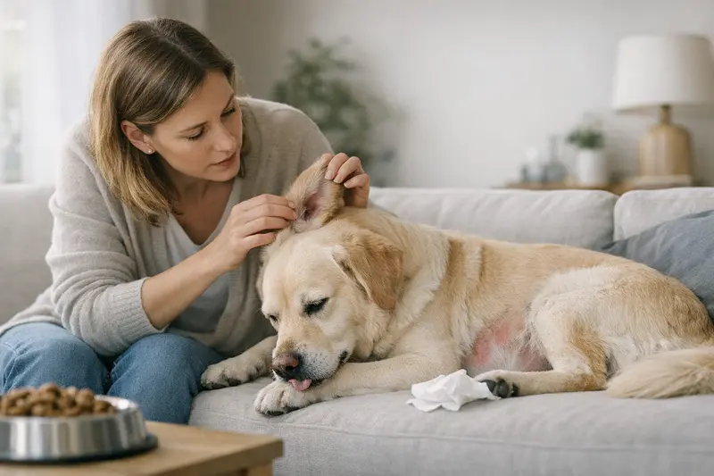 Hund mit Futterunverträglichkeit beim Tierarzt Ein Hund liegt auf der Tierarzttheke, während eine Tierärztin die Symptome einer Futterunverträglichkeit untersucht.