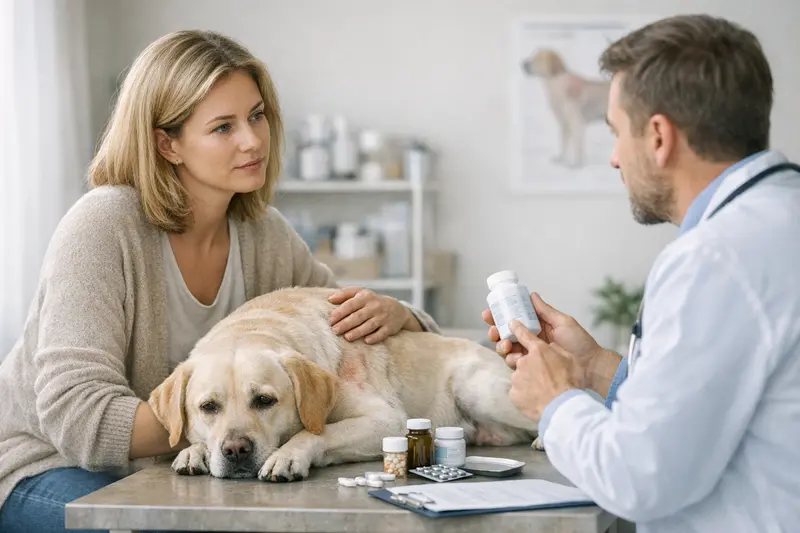 Ein Hund wird von einem Tierarzt untersucht, um mögliche Haut- und Magen-Darm-Probleme festzustellen.