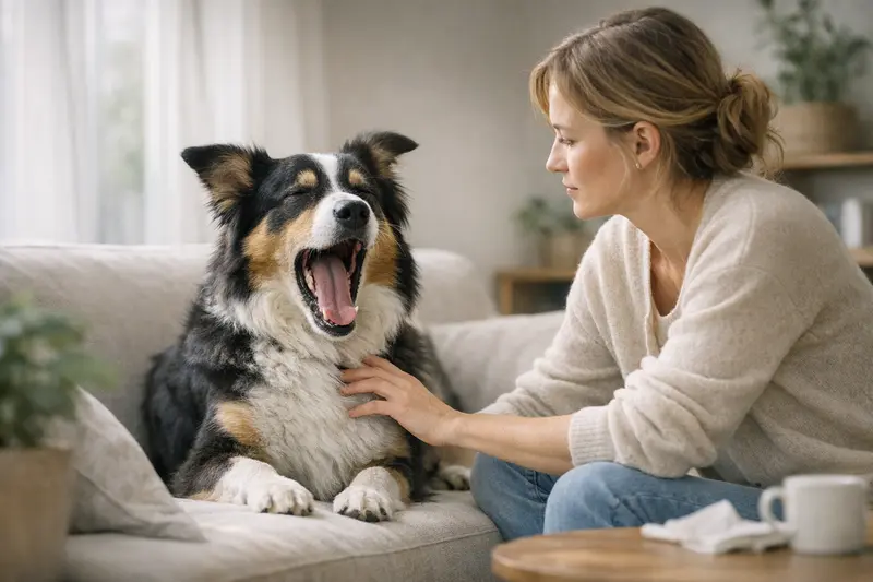 Ein Hund, der gähnt, während er auf dem Boden liegt und sich entspannt.
