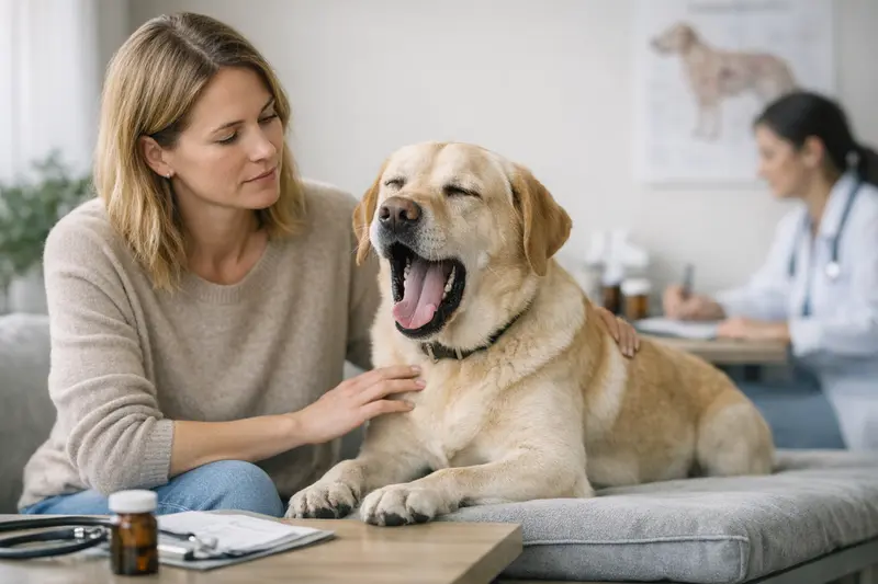 Hund mit unklaren Symptomen wird vom Tierarzt untersucht.