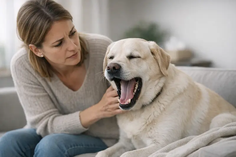Hund beim Tierarzt wegen häufigem Gähnen Ein Hund liegt entspannt auf einem Untersuchungstisch beim Tierarzt.