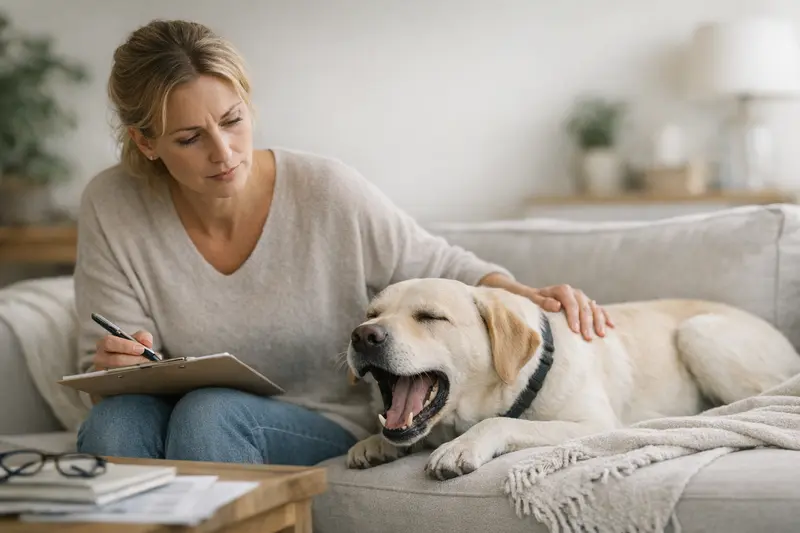 Ein Hund beim Tierarzt, der auf eine Untersuchung vorbereitet wird, während ein Halter besorgt schaut.