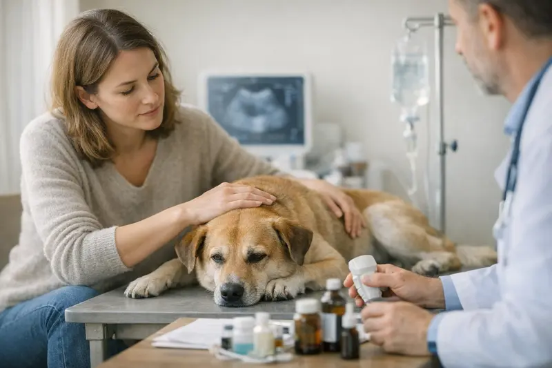 Hund in der Tierarztpraxis bei Magenproblemen Ein Hund in der Tierarztpraxis, der wegen Magenproblemen untersucht wird.