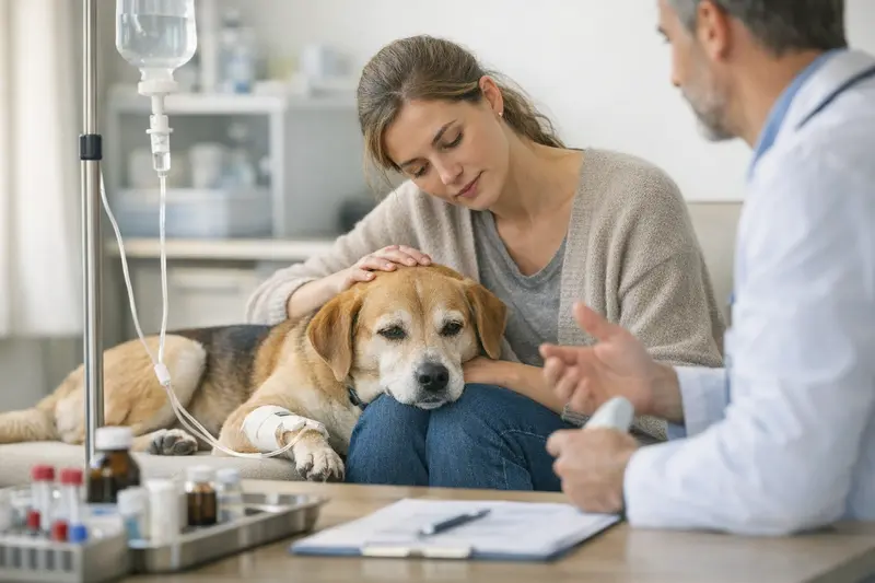 Tierarztkosten Gastritis Hund Tierarzt untersucht Hund mit Gastritis und erklärt die Tierarztkosten zur Behandlung.