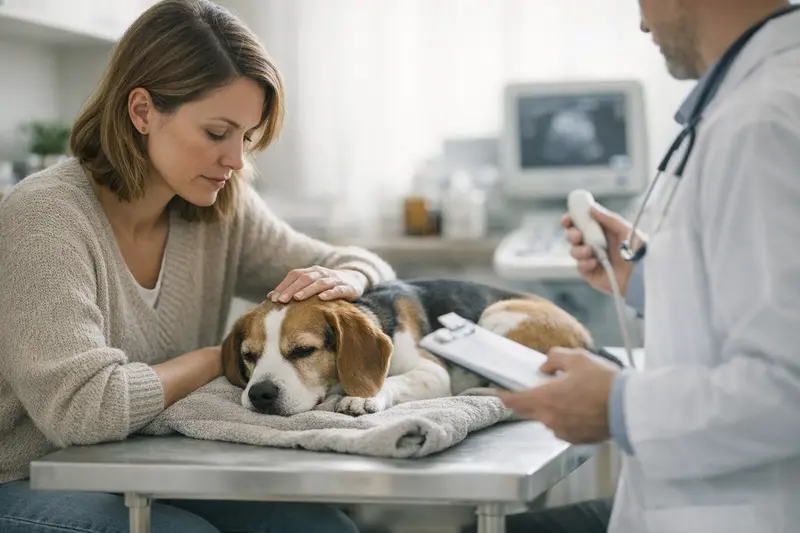 Hund mit Gastritis und Tierarztberatung Ein Hund mit Gastritis liegt entspannt in einem Hunde-Häuschen, während der Tierarzt beraten wird.