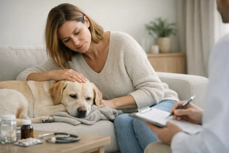Tierarztbesuch wegen Magen-Darm-Beschwerden Hund beim Tierarzt zur Kontrolle bei wiederkehrenden Magen-Darm-Beschwerden