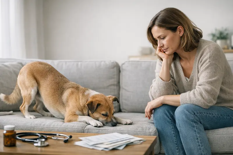 Hundehalter diskutiert mit Tierarzt über Bauchprobleme seines Hundes und die passende Versicherung.