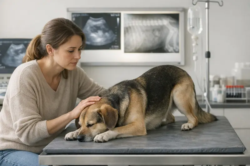 Ein Hund mit Bauchschmerzen untersucht von einem Tierarzt.