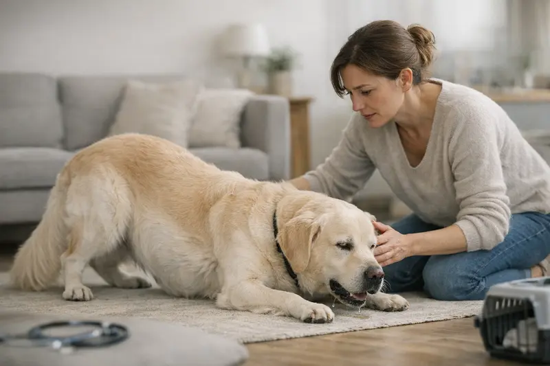 Hund mit Gebetsstellung und Warnsignalen Ein besorgter Hund mit Gebetsstellung zeigt alarmierende Symptome, die Tierhalter ernst nehmen sollten.