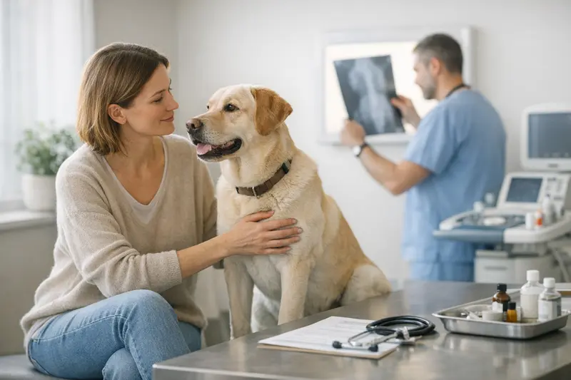 Ein gesunder Hund beim Tierarzt, der eine Gesundheitsuntersuchung erhält, symbolisiert die Bedeutung von Krankenversicherungen für Haustiere.