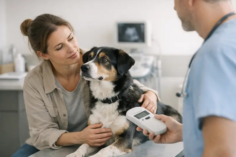 Ein Tierarzt untersucht einen gefundenen Hund auf mögliche Verletzungen oder Gesundheitsprobleme.