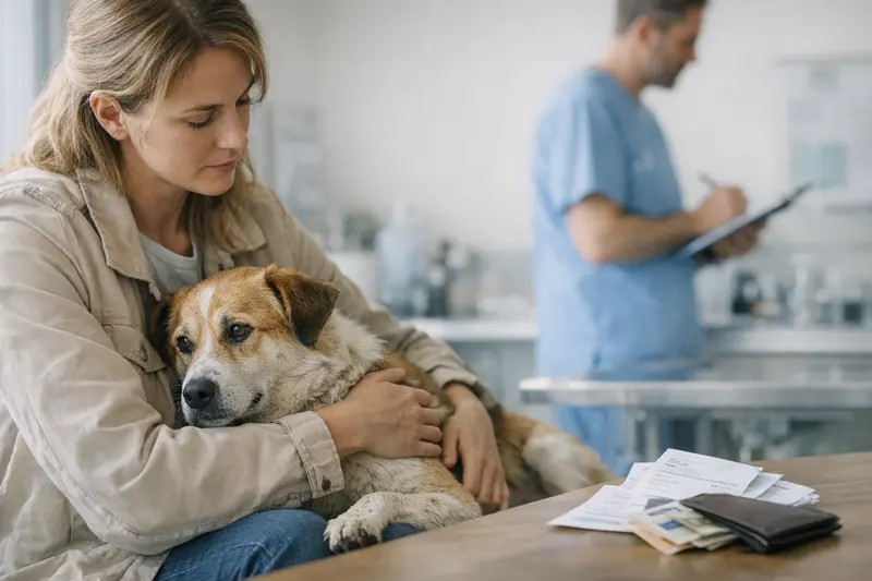 Ein Hund sitzt im Wartezimmer einer Tierarztpraxis und wartet auf die Untersuchung.
