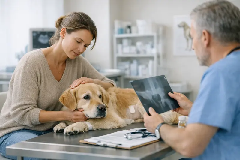 OP-Schutz für Hunde - Wichtige Aspekte Hundehalter bespricht wichtiges zu OP-Schutz mit Tierarzt.