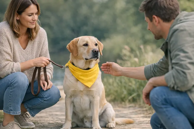 Ein freundlicher Hund mit gelbem Tuch, der entspannt wirkt.
