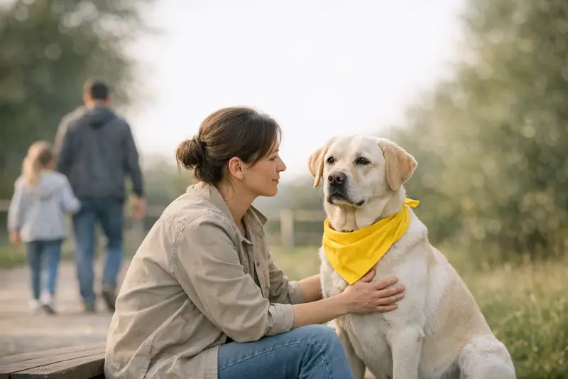 Ein Hund mit einem gelben Tuch, das Abstand signalisiert.