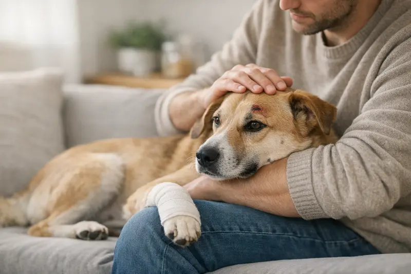 Hund beim Tierarzt Ein Hund beim Tierarzt, der eine Behandlung für eine Verletzung erhält.