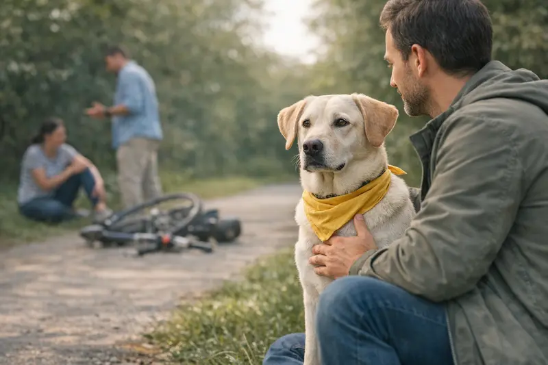 Hundehaftpflicht: Schutz bei Verletzungen Ein Hund, der mit einem gelben Tuch um den Hals gefahrlos in einem Park spielt und dabei eine Verletzungsgefahr für andere Personen symbolisiert.